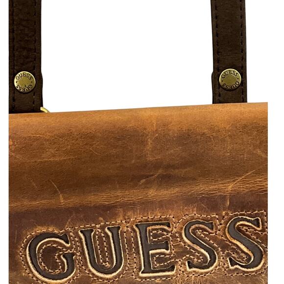 Vintage Guess Brown Tooled Leather Crossbody Boho Saddle Bag Purse - Picture 3 of 11